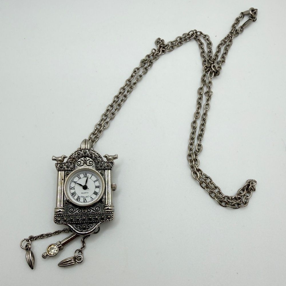 Vintage AVON 28.5" Cuckoo Clock marcasite‎ pendant/brooch/necklace combo piece!